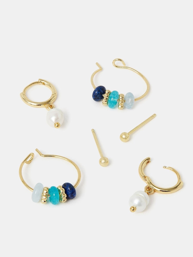 Accessorize Gold Tone 14ct Stud and Pearl Hoop Earrings 3 Pack - Image 2 of 3 Accessorize Gold Tone 14ct Stud and Pearl Hoop Earrings 3 Pack - Image 2 of 3