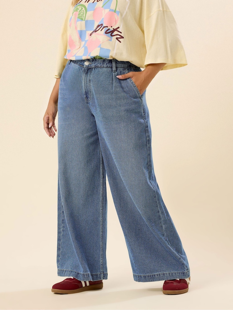Yours Curve Blue Rigid Palazzo Jeans - Image 1 of 5 Yours Curve Blue Rigid Palazzo Jeans - Image 1 of 5