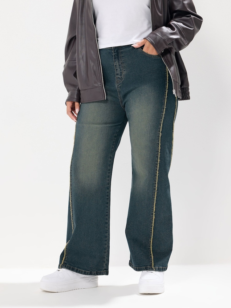 Yours Curve Blue Raw Side Seam Sandblast Wide Leg Jeans - Image 1 of 5 Yours Curve Blue Raw Side Seam Sandblast Wide Leg Jeans - Image 1 of 5
