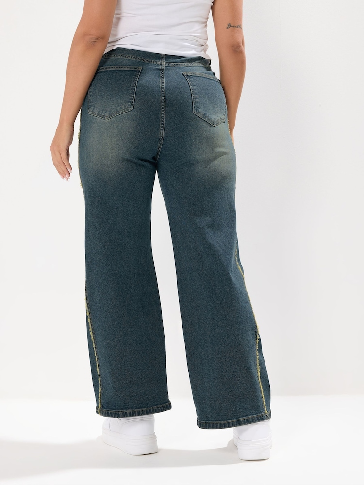 Yours Curve Blue Raw Side Seam Sandblast Wide Leg Jeans - Image 2 of 5 Yours Curve Blue Raw Side Seam Sandblast Wide Leg Jeans - Image 2 of 5