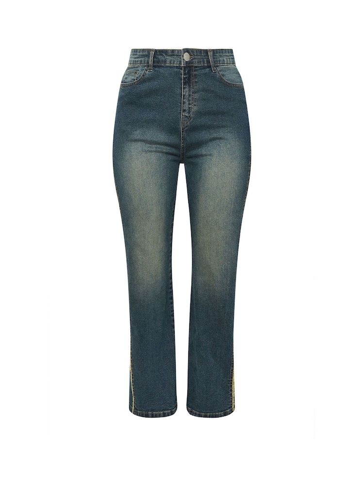 Yours Curve Blue Raw Side Seam Sandblast Wide Leg Jeans - Image 5 of 5 Yours Curve Blue Raw Side Seam Sandblast Wide Leg Jeans - Image 5 of 5