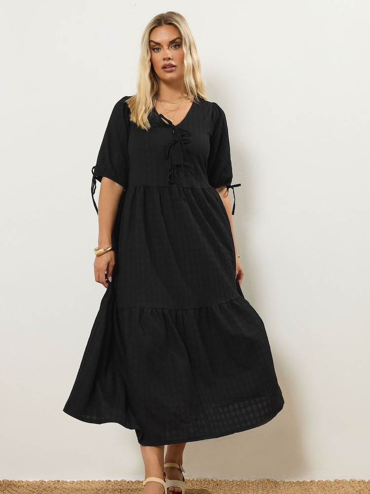 Yours Curve Black Puff Sleeve Bow Dress - Image 2 of 6 Yours Curve Black Puff Sleeve Bow Dress - Image 2 of 6