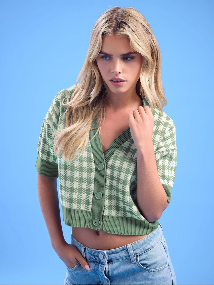 PixieGirl Petite Green Short Sleeve Gingham Cardigan - Image 1 of 5
