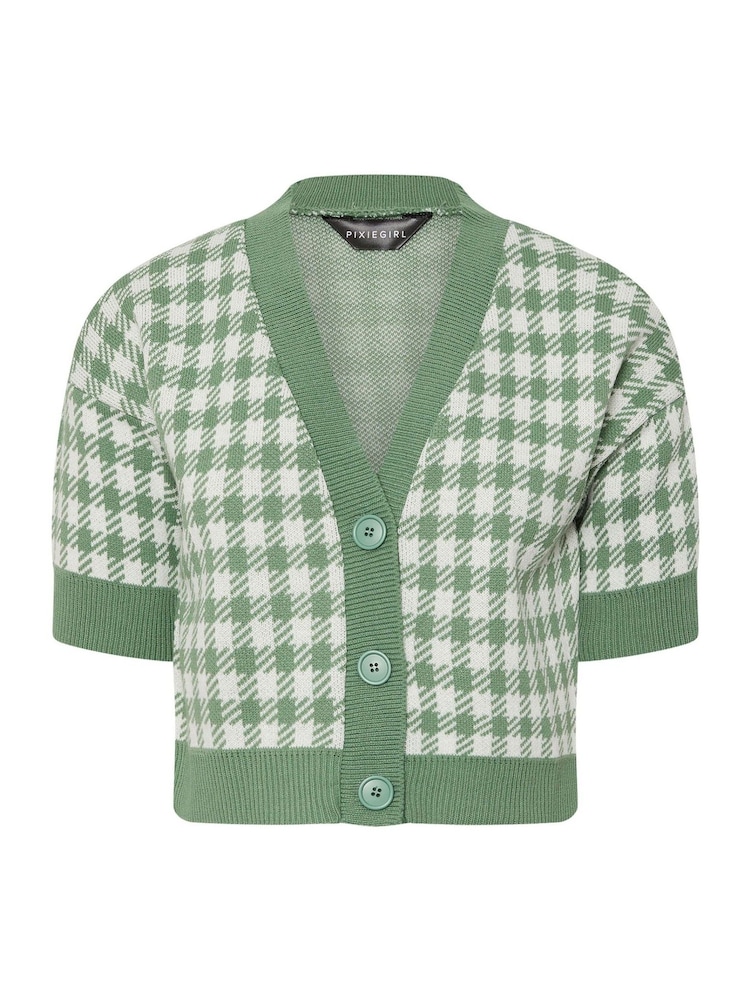 PixieGirl Petite Green Short Sleeve Gingham Cardigan - Image 5 of 5