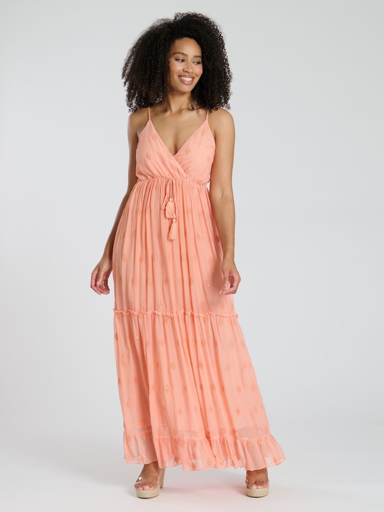 South Beach Coral Coral Sequin Detail Cami V-Neck Maxi Dress - Image 1 of 5