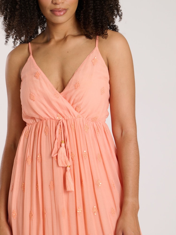 South Beach Coral Coral Sequin Detail Cami V-Neck Maxi Dress - Image 5 of 5