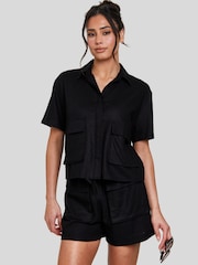 South Beach Black Linen Blend Tie Waist Utility Pocket Short - Image 1 of 5