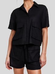 South Beach Black Linen Blend Tie Waist Utility Pocket Short - Image 4 of 5