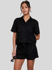 South Beach Black Linen Blend Tie Waist Utility Pocket Short - Image 5 of 5