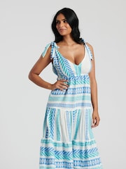 South Beach Blue Jacquard Tie Shoulder Below The Knee Dress - Image 1 of 5
