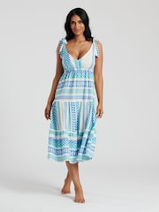 South Beach Blue Jacquard Tie Shoulder Below The Knee Dress - Image 3 of 5