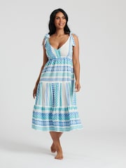 South Beach Blue Jacquard Tie Shoulder Below The Knee Dress - Image 4 of 5