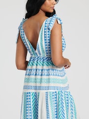 South Beach Blue Jacquard Tie Shoulder Below The Knee Dress - Image 5 of 5