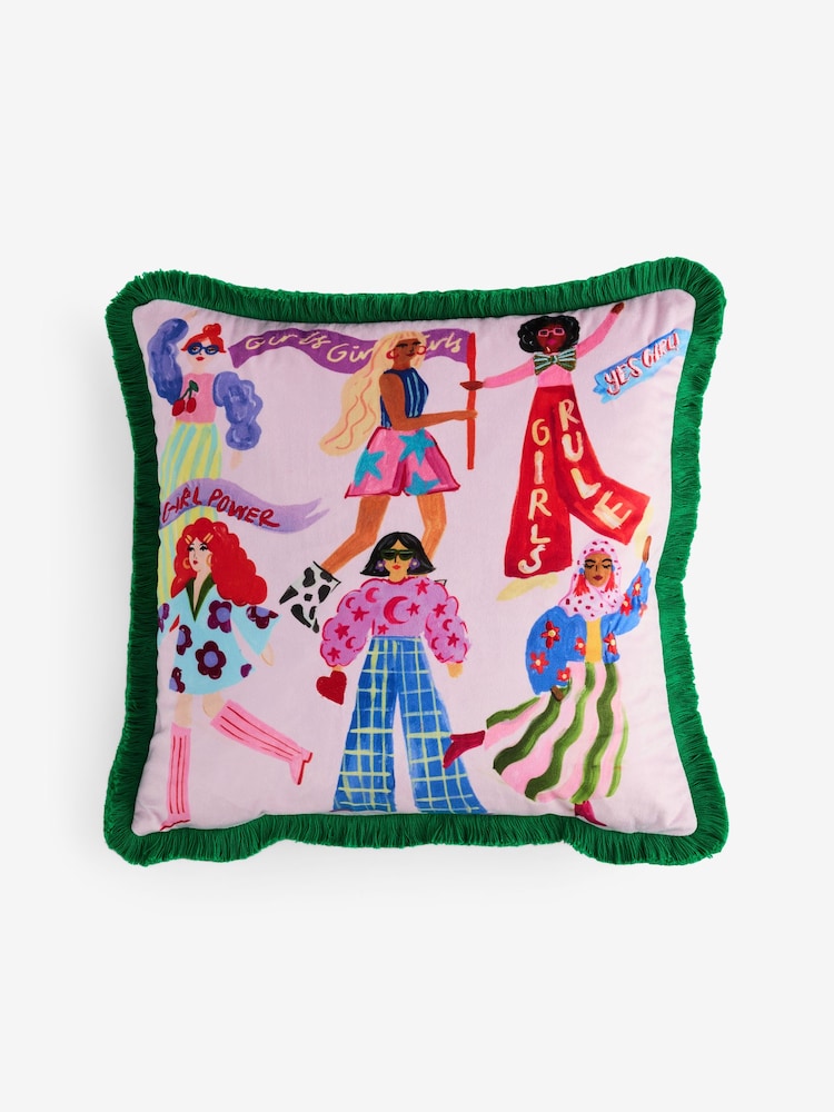Eleanor Bowmer Pink Embroidered Velvet Cushion - Image 1 of 7 Eleanor Bowmer Pink Embroidered Velvet Cushion - Image 1 of 7