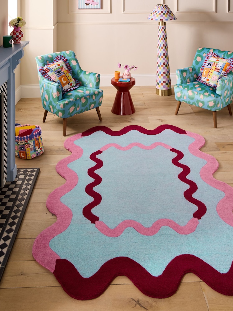 Eleanor Bowmer Blue Wiggle Border Wool Tufted Rug - Image 1 of 5