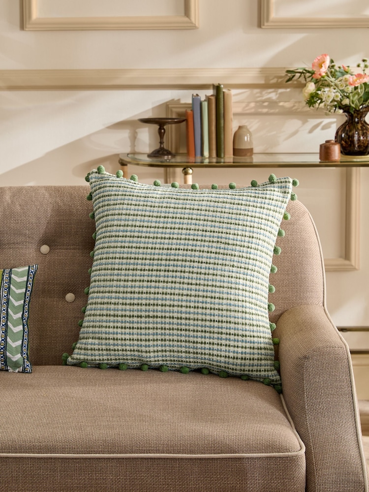 Nina Campbell Green Woven Pom Cushion - Image 2 of 5 Nina Campbell Green Woven Pom Cushion - Image 2 of 5