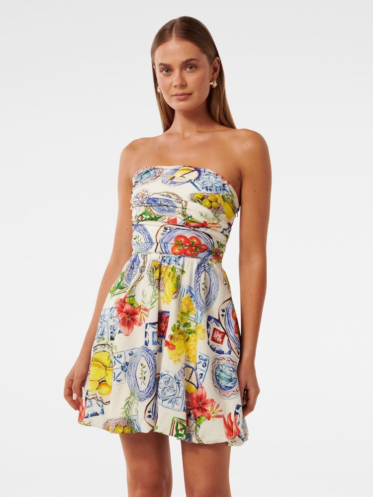 Forever New White Phoebe Contains Linen Strapless Bubble Hem Mini Dress - Image 1 of 5