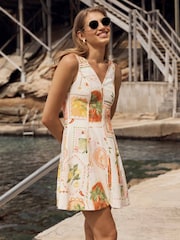 Forever New Cream Mini Fran Fit & Flare Dress Contains Linen - Image 1 of 5