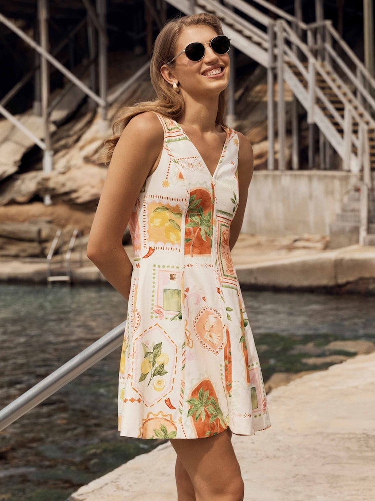 Forever New Cream Mini Fran Fit & Flare Dress Contains Linen - Image 1 of 5