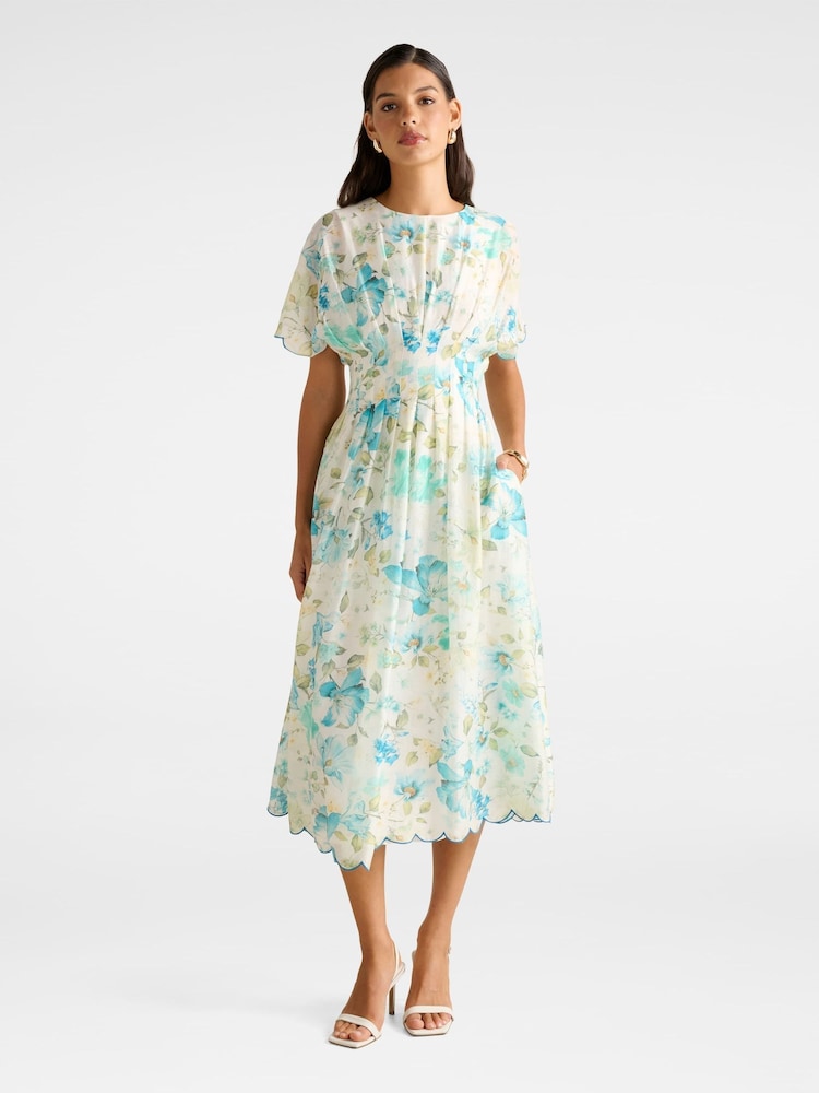 Forever New Cream Eve Contains Linen Scallop Trim Midi Dress - Image 1 of 4