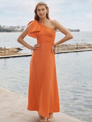 Forever New Orange Danni Asymmetrical Linen Blend Bow Midi Dress - Image 1 of 4