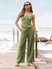 Forever New Green Pure Linen Posey Square Neck Waistcoat - Image 1 of 5