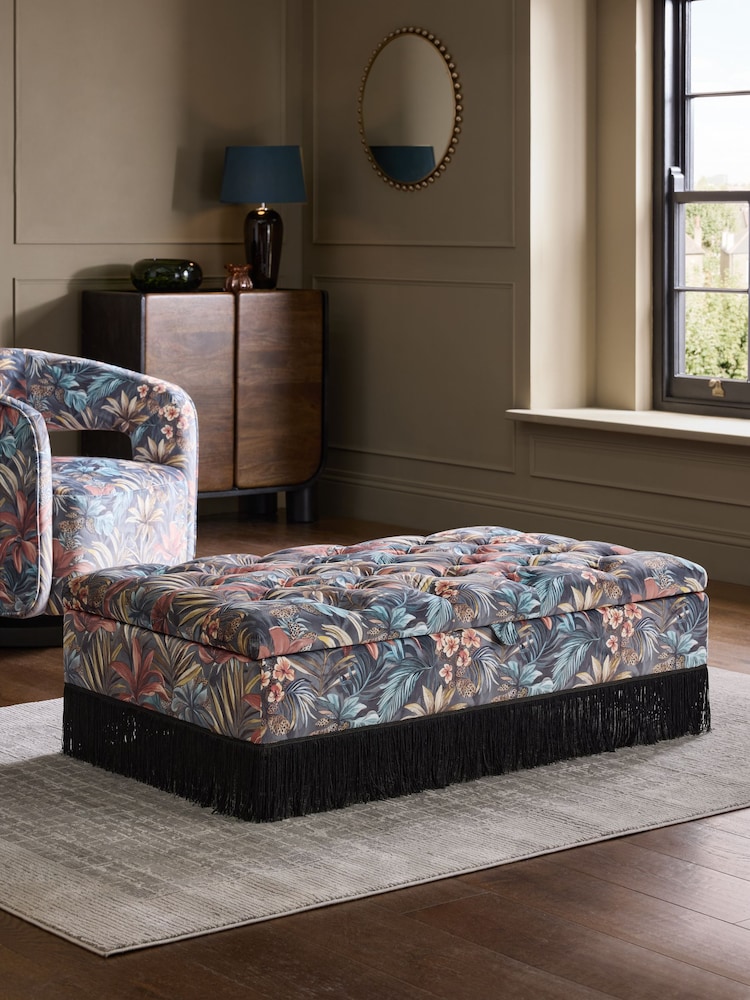Opulent Velvet Tropical Print with Tassels Albury Large Footstool - Image 1 of 10