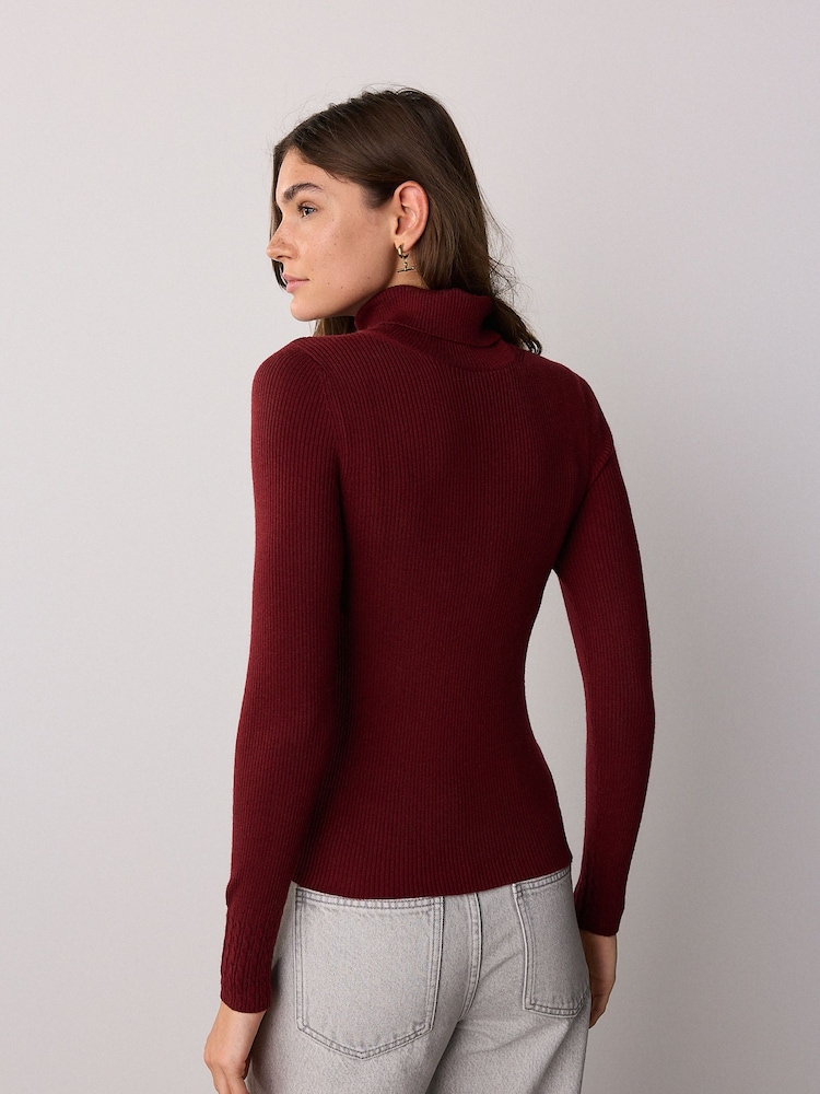 Buy Burgundy Red Roll Neck Ribbed Jumper With Wool from the Next