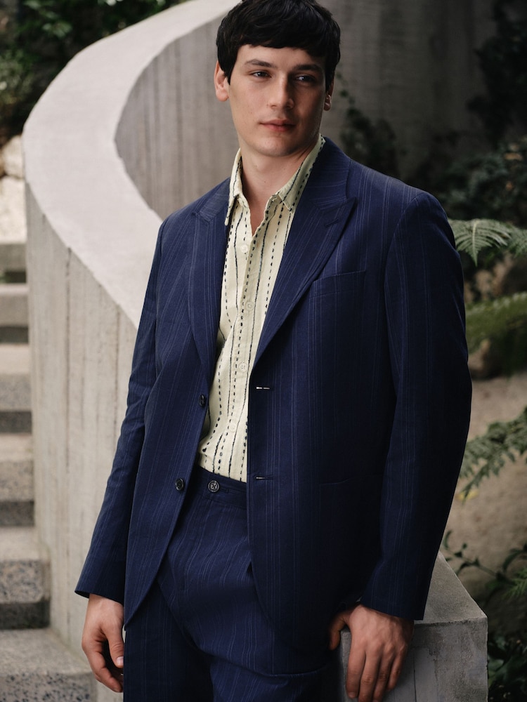 Navy Blue Relaxed Fit Textured Stripe Suit Jacket - Image 1 of 8