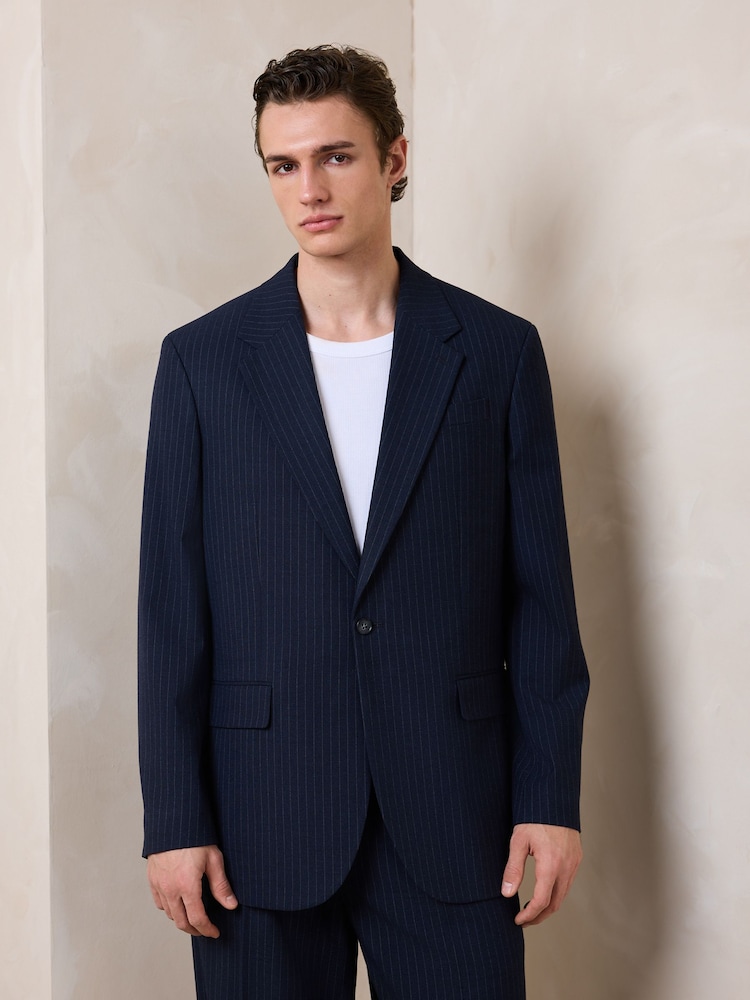 Navy Blue Relaxed Fit Textured Stripe Suit Jacket - Image 5 of 5