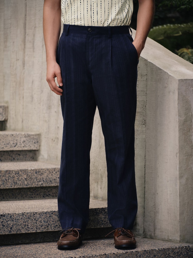 Navy Blue Relaxed Fit Textured Stripe Suit Trousers - Image 1 of 9
