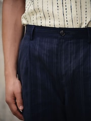 Navy Blue Relaxed Fit Textured Stripe Suit Trousers - Image 4 of 9