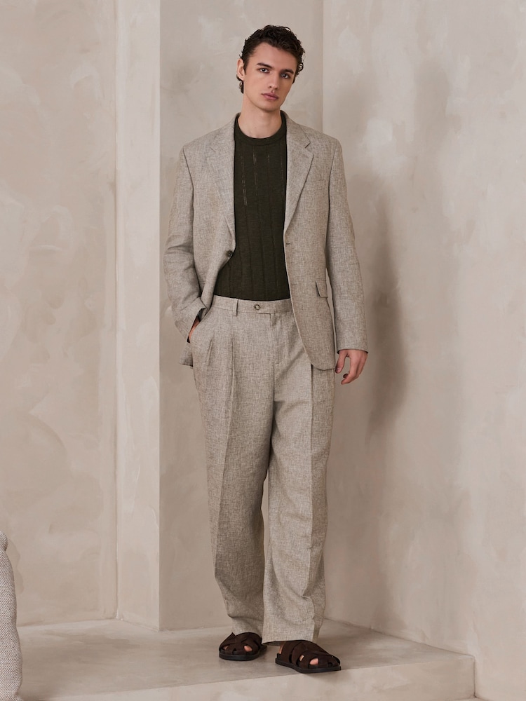 Neutral Loose Fit Linen Blend Texture Suit Trousers - Image 2 of 9