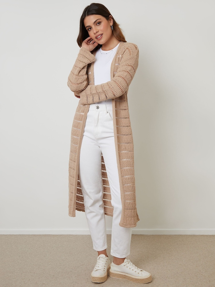 Threadbare Natural Crochet Pointelle Knit Maxi Cardigan - Image 1 of 4
