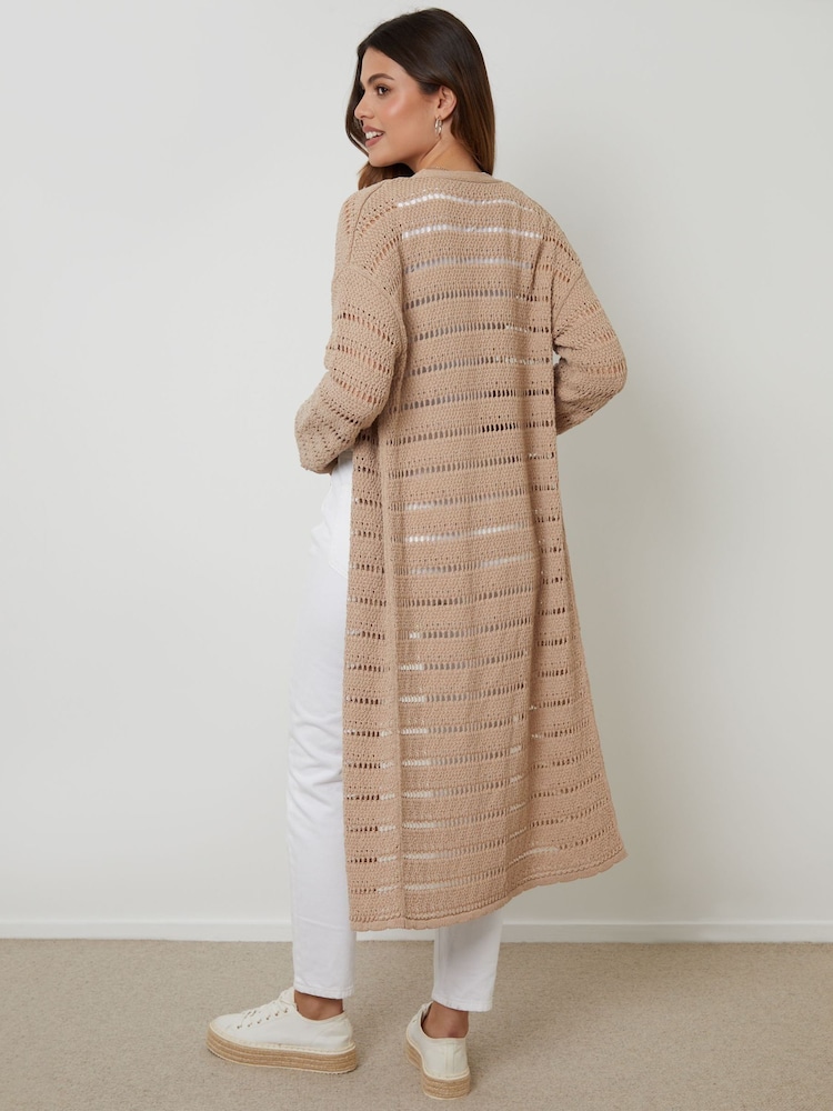 Threadbare Natural Crochet Pointelle Knit Maxi Cardigan - Image 2 of 4
