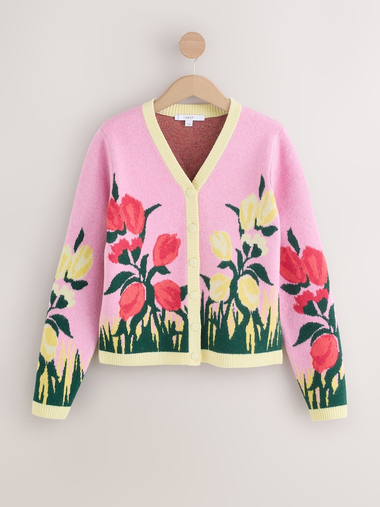 Pink Floral Supersoft Knitted V-Neck Cardigan - Image 1 of 4 Pink Floral Supersoft Knitted V-Neck Cardigan - Image 1 of 4