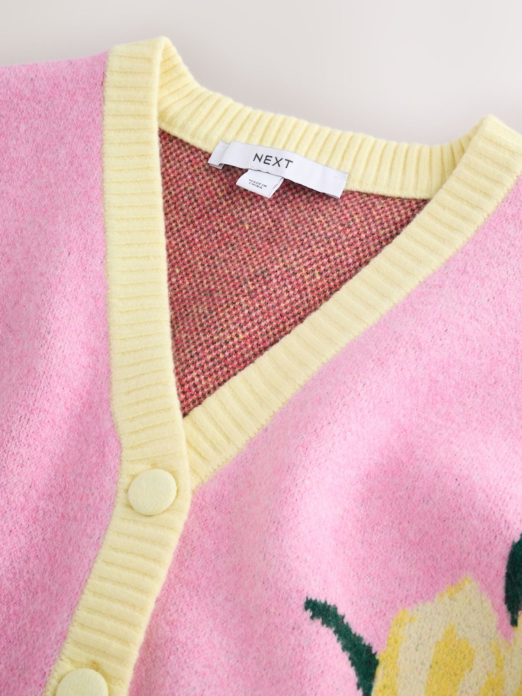 Pink Floral Supersoft Knitted V-Neck Cardigan - Image 2 of 4 Pink Floral Supersoft Knitted V-Neck Cardigan - Image 2 of 4