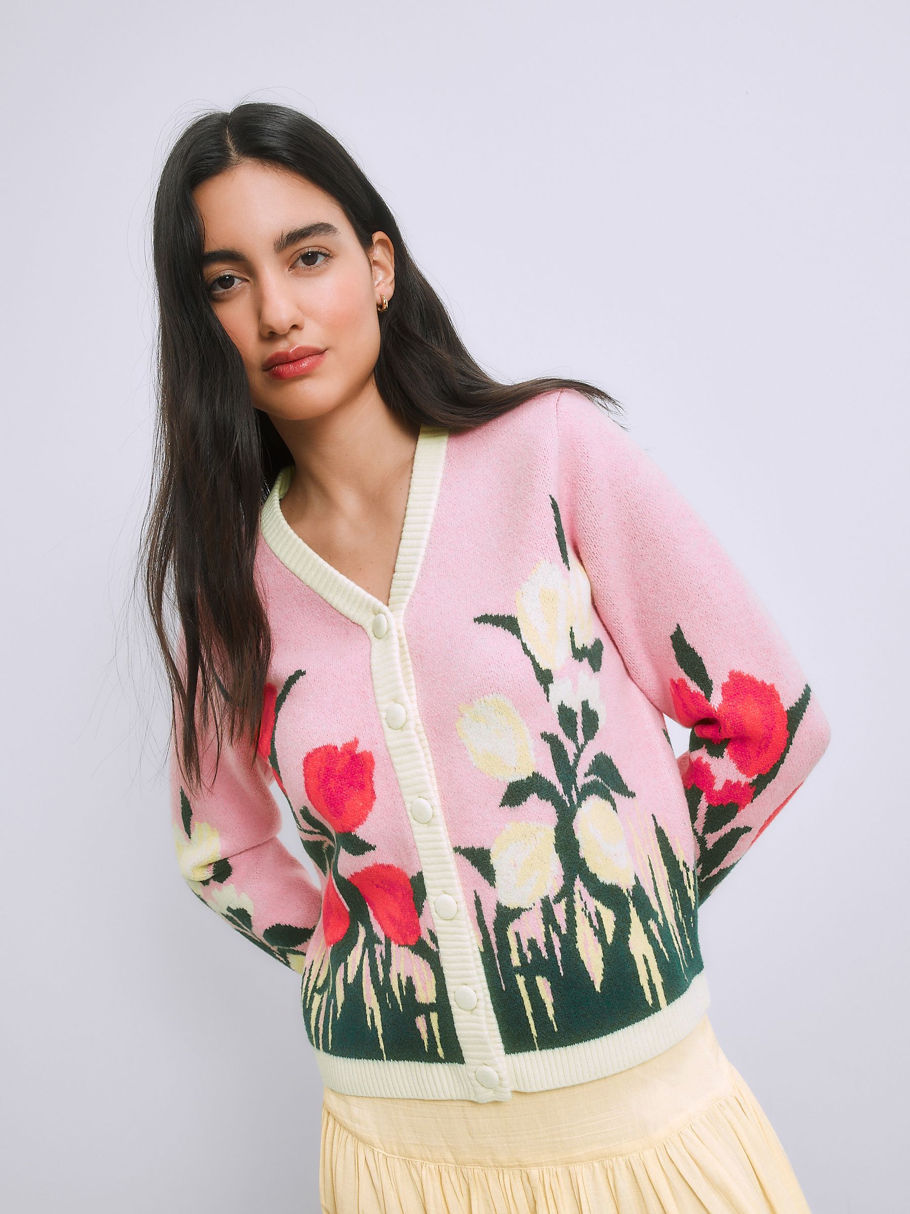 Buy Pink Floral Tulip Supersoft Knitted Slim V-Neck Cardigan from