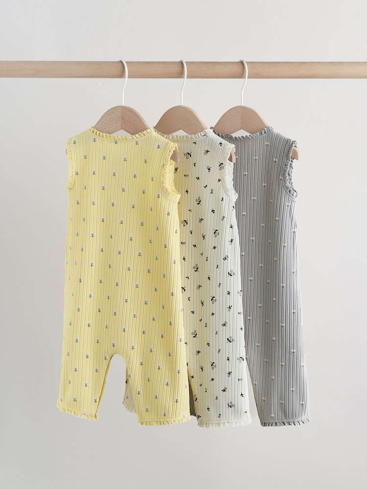 Monochrome Floral Rib Wide Leg Jersey Baby Rompers 3 Pack - Image 2 of 10