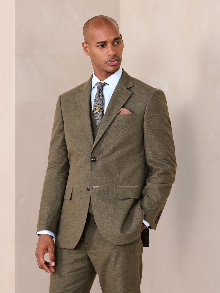 أخضر - Regular Fit Trimmed Linen Blend Puppytooth Suit Jacket - صورة 2 من 12