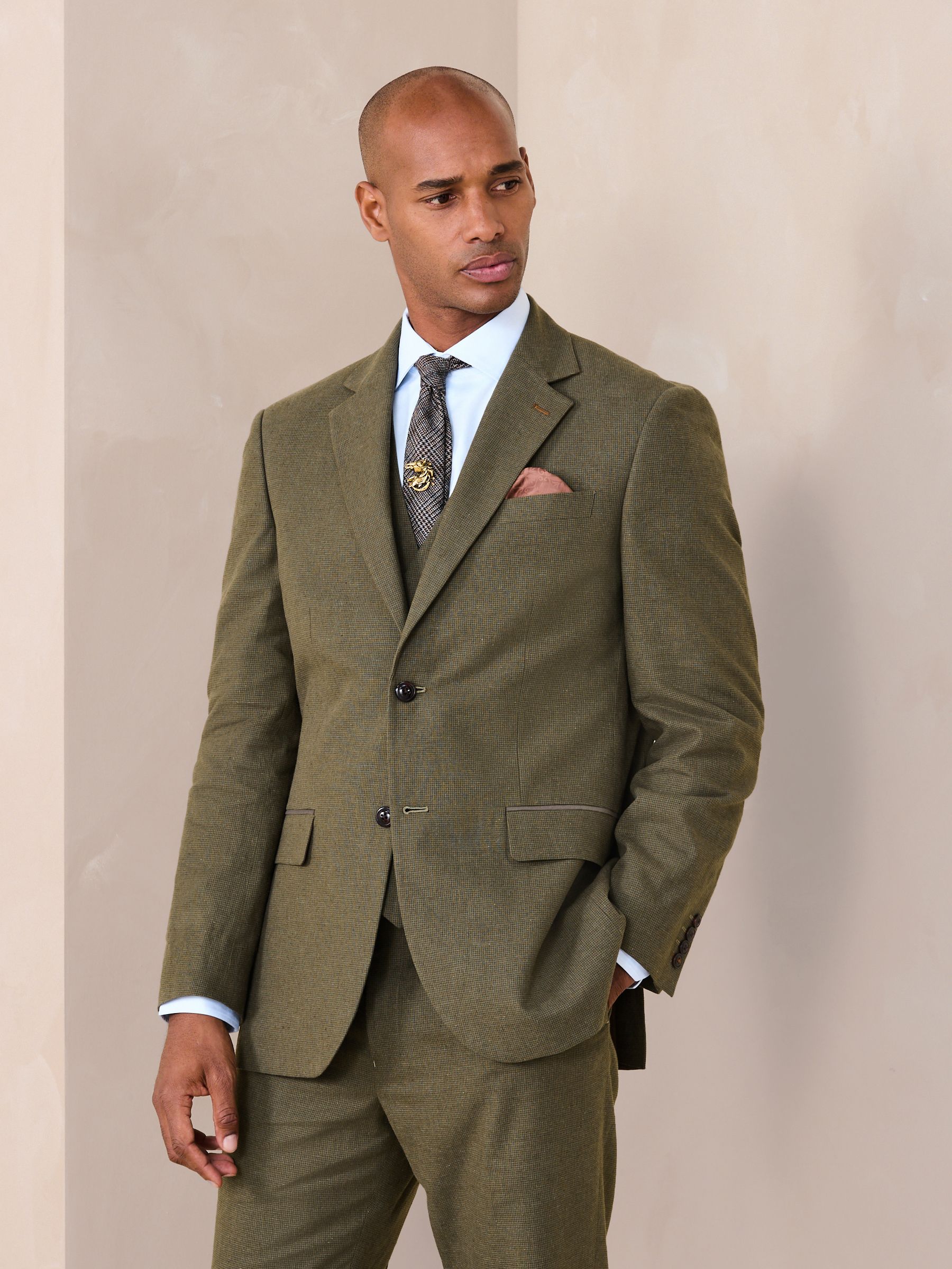 Buy Green Regular Fit Trimmed Linen Blend Puppytooth Suit Jacket