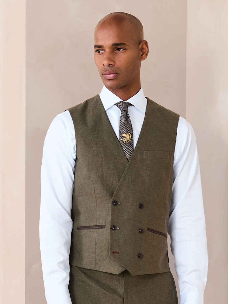 Verde - Regular Fit Double Breasted Trimmed Linen Blend Puppytooth Suit Waistcoat - Imagem 1 de 9