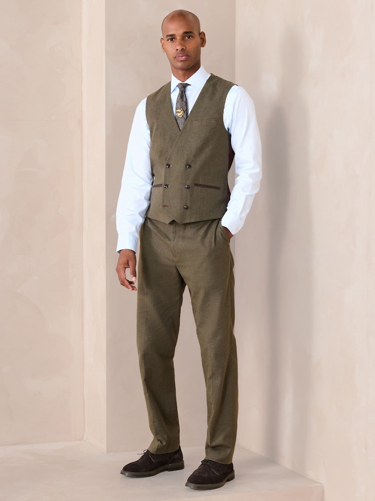 Verde - Regular Fit Double Breasted Trimmed Linen Blend Puppytooth Suit Waistcoat - Imagem 2 de 9