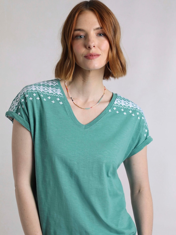 Weird Fish Green Tildare Embroidered Jersey Top - Image 1 of 6