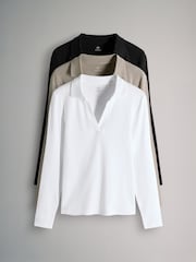 The Set Black/White/Taupe 3 Pack Long Sleeve Ribbed Polo Shirts - Image 1 of 6