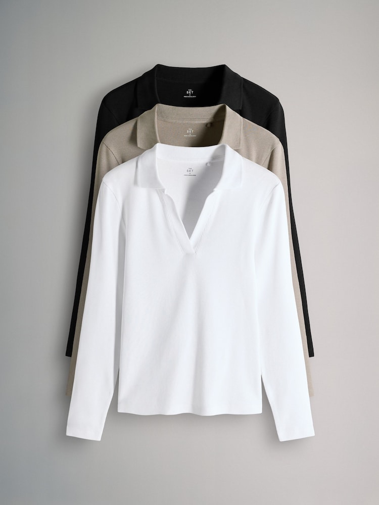 The Set Black/White/Taupe 3 Pack Long Sleeve Ribbed Polo Shirts - Image 1 of 6