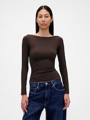 Gap Brown CloseKnit Jersey Boatneck Open-Back T-Shirt - Image 1 of 4