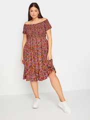 Yours Curve Pink & Orange Pink & Orange Shirred Bardot Midi Dress - Image 1 of 5