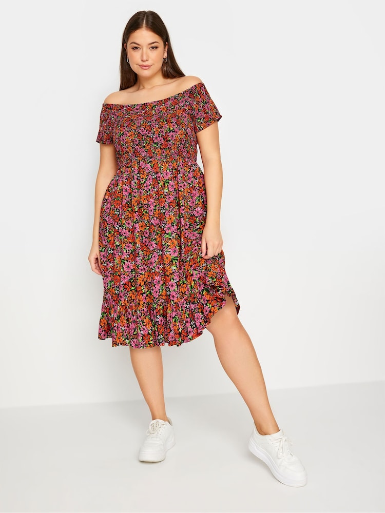Yours Curve Pink & Orange Pink & Orange Shirred Bardot Midi Dress - Image 1 of 5