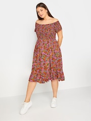 Yours Curve Pink & Orange Pink & Orange Shirred Bardot Midi Dress - Image 2 of 5